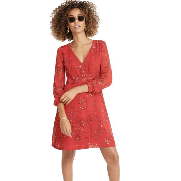 Madewell Hazelwood Wrap Front Mini Dress Windswept Floral Cranberry Size 12 - Picture 1 of 11
